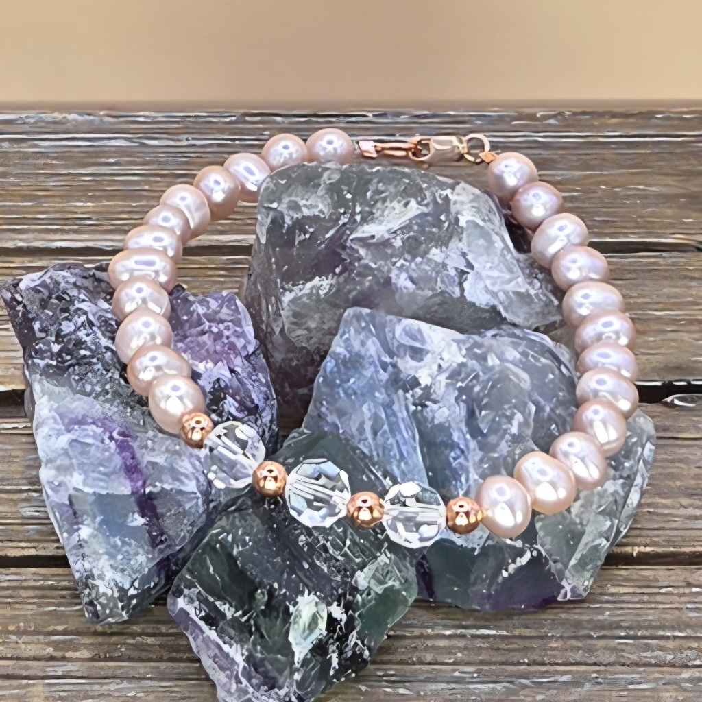 Pink Pearl, Crystal And Rose Gold Beaded Bracelet